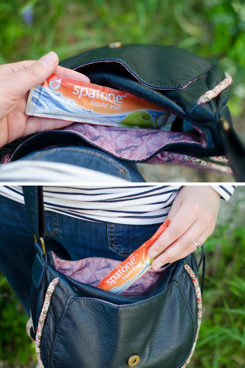 sachet of spatone being taken out of handbag